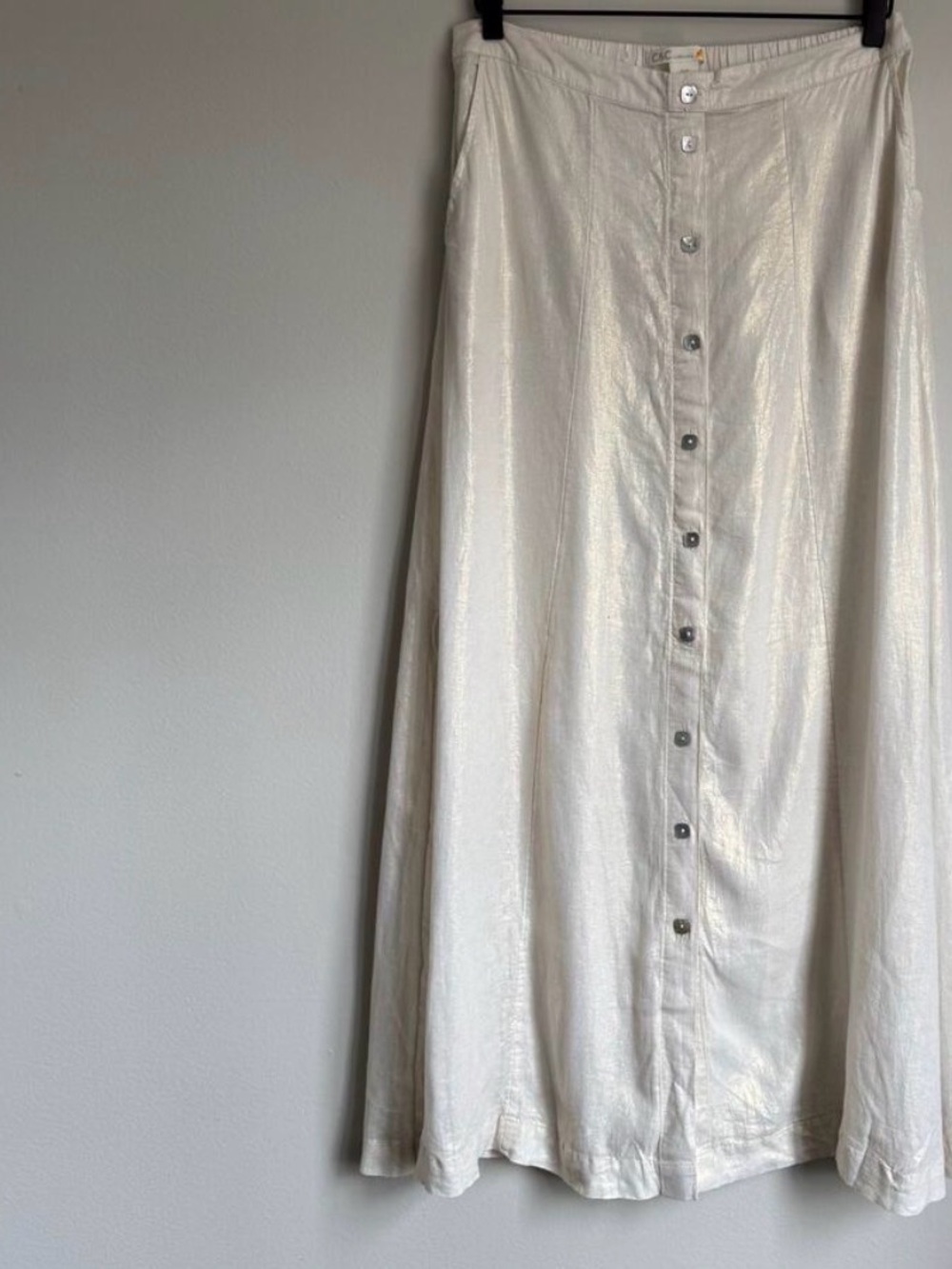 C&C California Linen Blend Button Front Maxi Skirt Medium Shimmer Pockets Slits